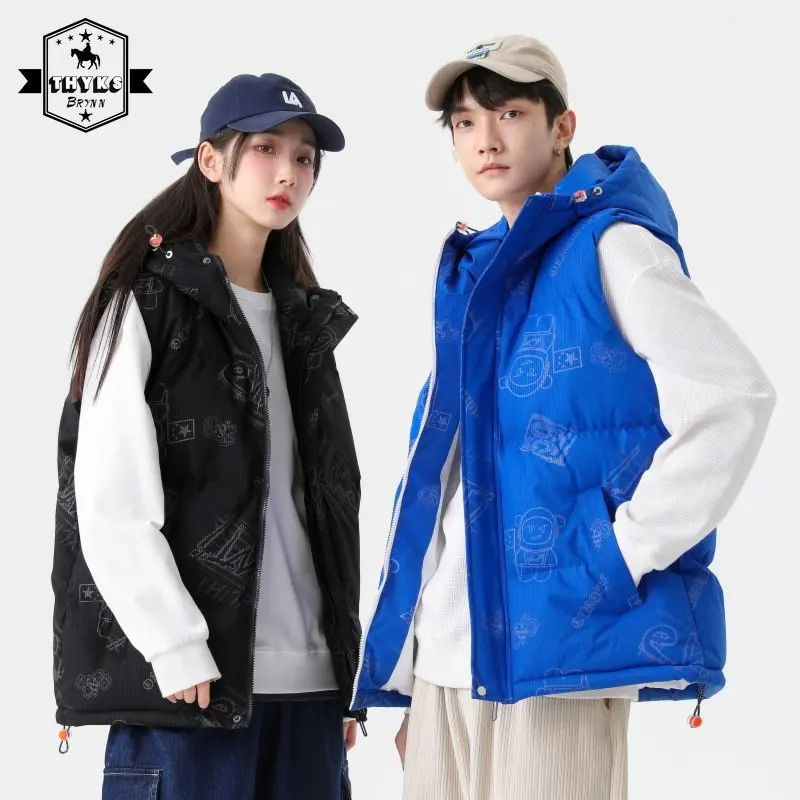 New Down Coat Hooded Vest Men Thicken Warm Letter Print Causal Vintage Couple Puffer Jacket Unisex Loose Women Vests Winter Coat