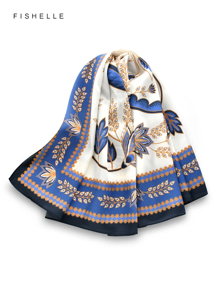 

Blue Floral 100% Natural Silk Scarf Shawl Wrap Glossy Bandana Hijab Women Headband Kerchief Luxurious Gifts For Lady