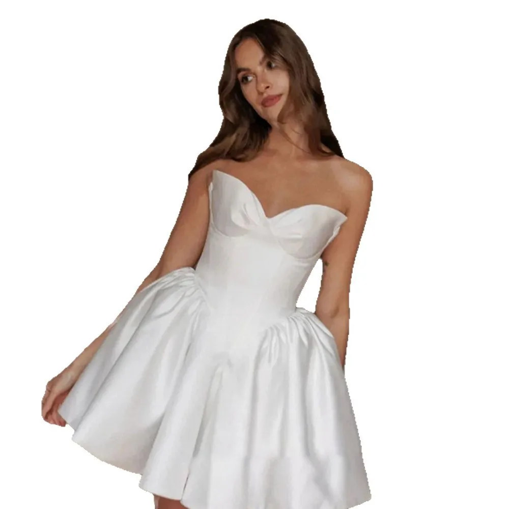 M3145 Customized Sweet Memory Strapless White Short Wedding Dress Satin Sleeveless A-Line Lace Up Sexy Women Party Dresses