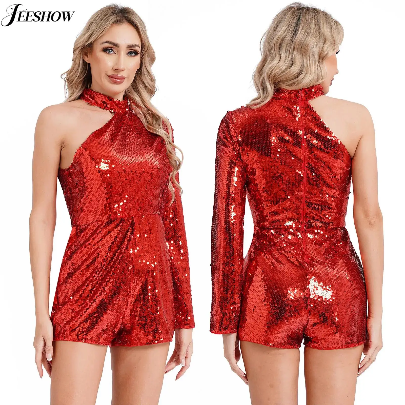 Womens Glitter Sequins One Shoulder Rompers Sparkly Long Sleeve Bodysuits Shorts Bottoms Jumpsuits Dance Party One Piece Outfits