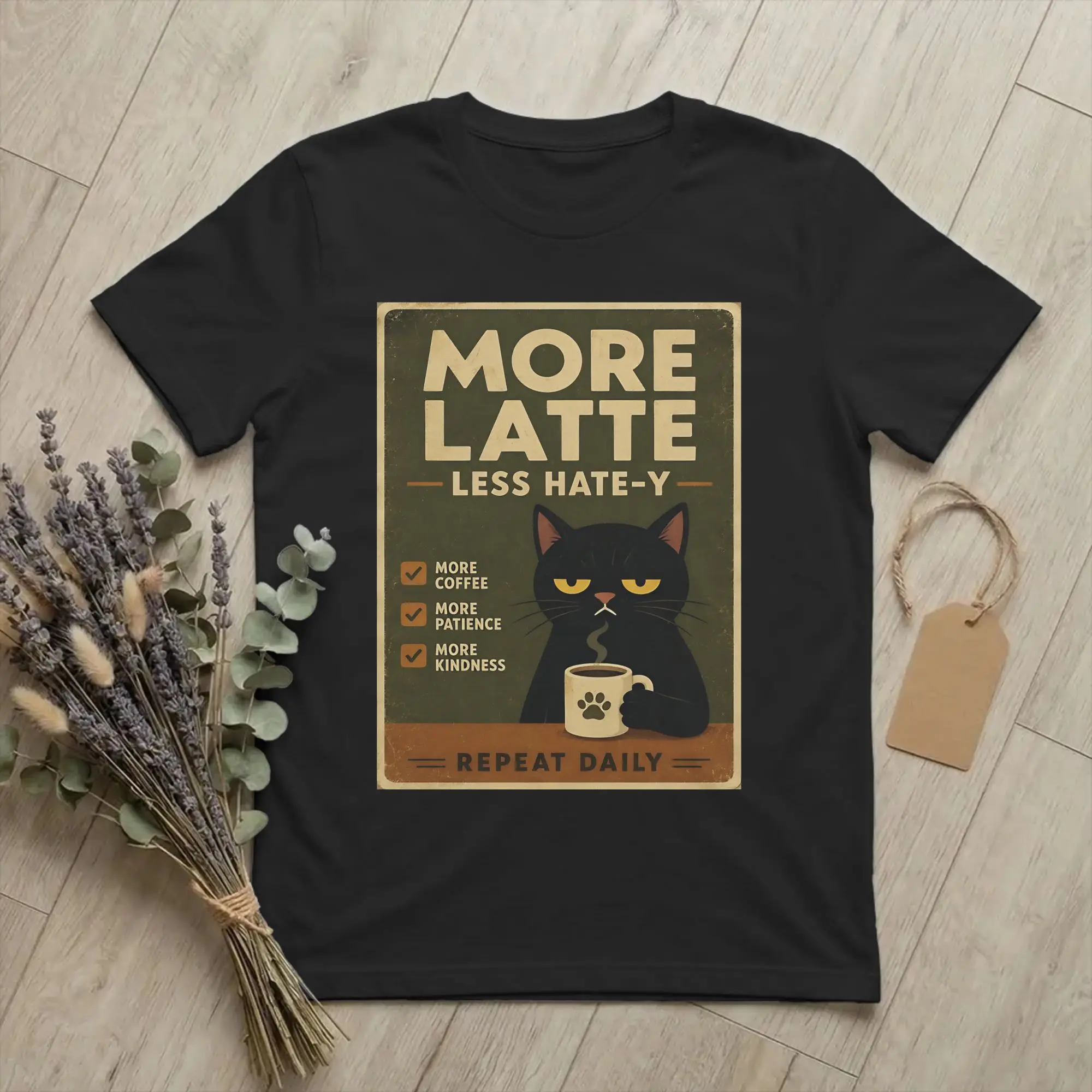 Vintage Grumpy Black Cat More Espresso Less Depresso   T Shirt for Men Women 100% Cotton T-Shirt Round Neck  Tees Tops Plus Size