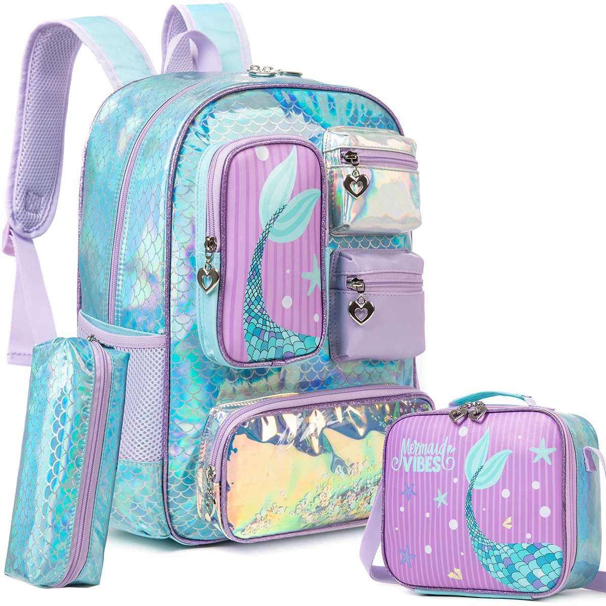 Meetbelify Mermaid Backpack for Girls Bookbag for Girls with Lunchbag and Penbag for Elementary Students