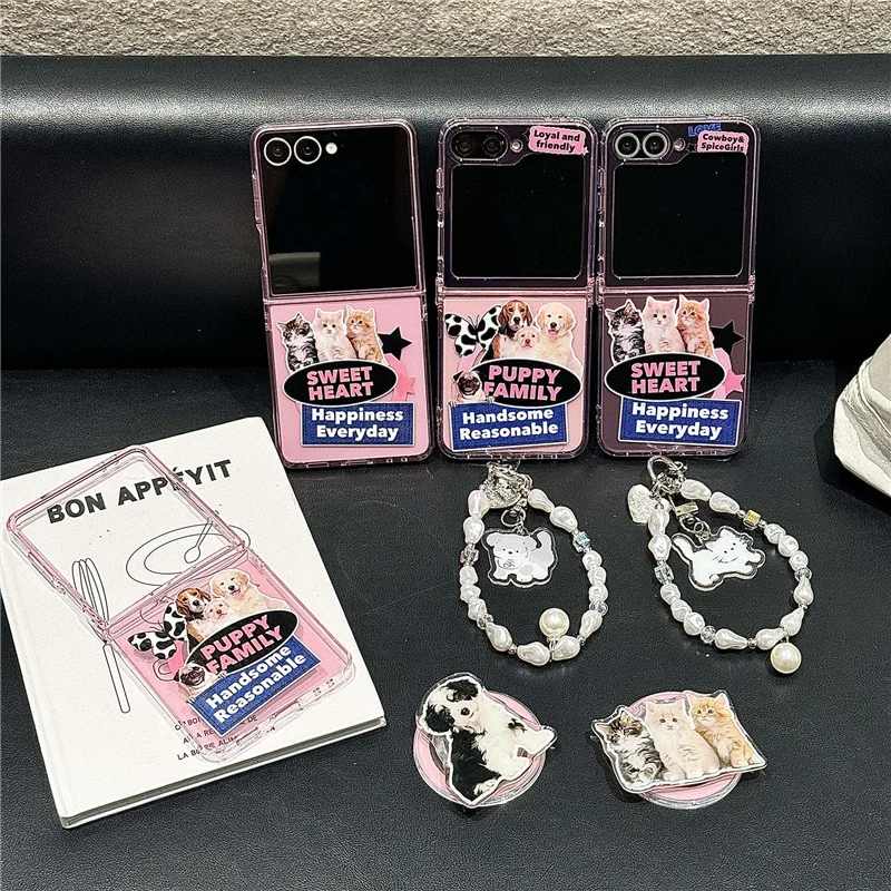 

Корейский чехол для телефона с магнитной подставкой Cute Puppy Cat для Samsung Galaxy Z Flip 7 6 5 Flip6 Flip7 FE с цепочкой для Magsafe Capa
