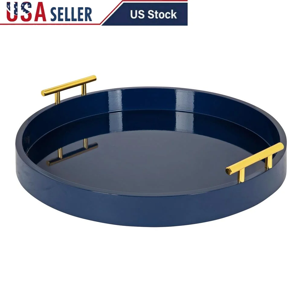 

Modern Decorative Serving Tray with Polished Metal Handles Round Accent Tray Home Storage and Display Trivet Organizer