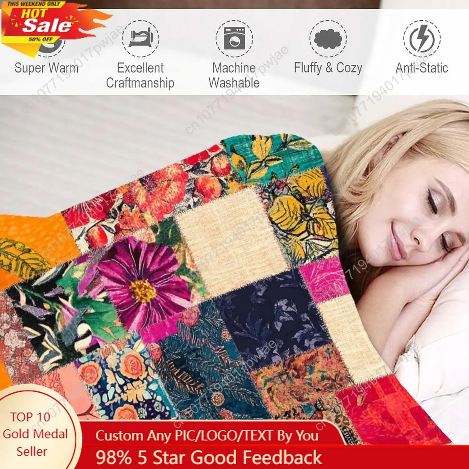 

Printed Faux Patchwork Inspired Throw Blanket | Faux Quilt and Kantha Look | Lightweight Floral Fleece Custom blankets