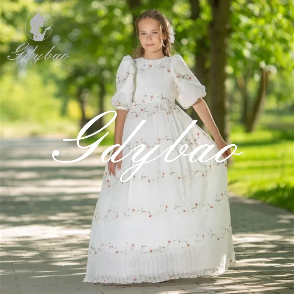 Princess Simple Classic Style Formal Wedding Party Flower Girl Dress Short Puff Sleeve Floor Length First Communion Gown New