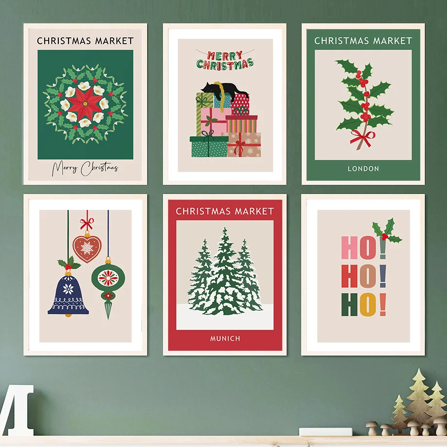 

Merry Christmas Wall Art Canvas Painting - Decorative Tree Garland Poster Print for Living Room Decor Festive Home Decoration