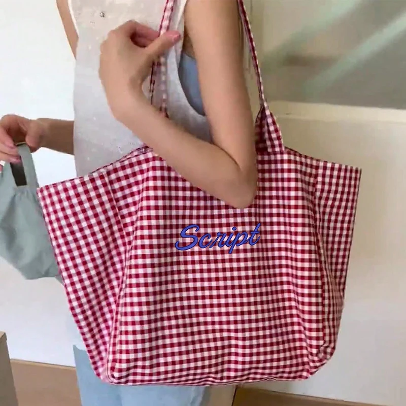 (Custom Embroidery) Women's Tote Bag, Personalized Embroidered Simple Plaid Canvas Bag, Original Niche Versatile Large-Capacity Tote Bag for Commuting, Student Shoulder Bag for Class image 2