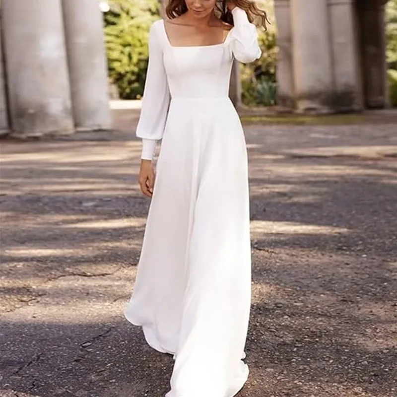 Robe de mariée blanche classique à manches longues, col carré, simple, dos nu, avec nœud