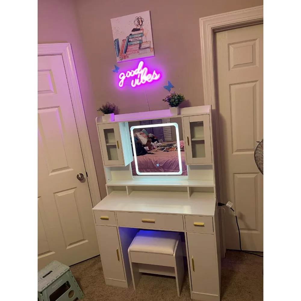 

White Vanity Desk with Mirror and Lights Large Makeup Vanity Table Set with 2 RGB Storage 3 Drawers Modern Dressing Table