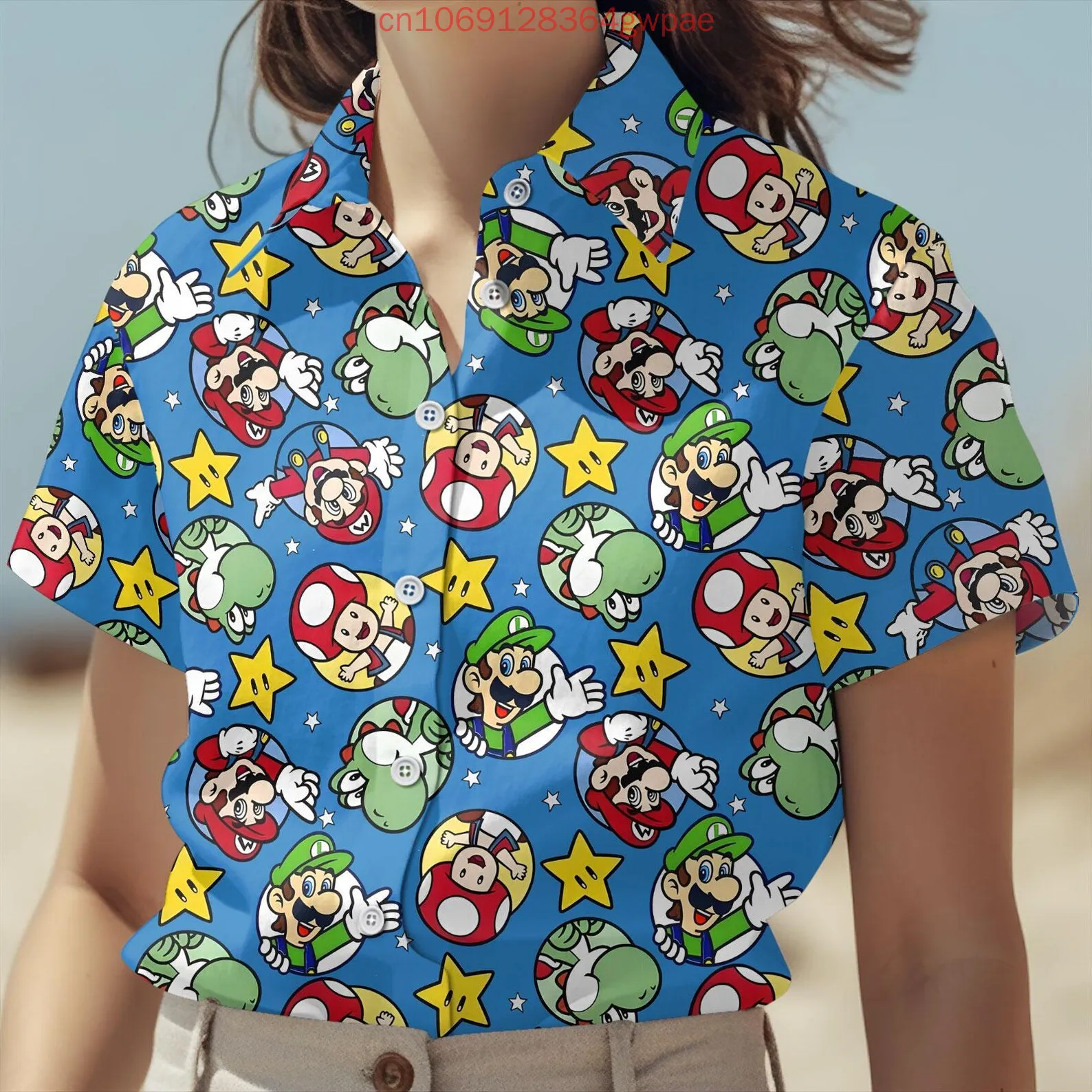 Super Mario Toad Women's Short Sleeve Hawaiian Shirt Summer Fashion Women Beach Shirt Princess Peach Casual Sun Protection Shirt