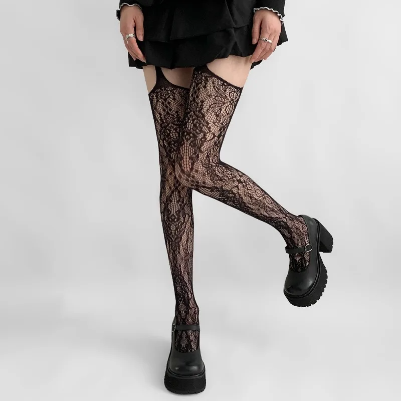 Anime fille chaude jarretière chaussettes femme Y2K sous-culture blanc dentelle Jacquard bas femmes Sexy évider résille cuisse haute chaussettes