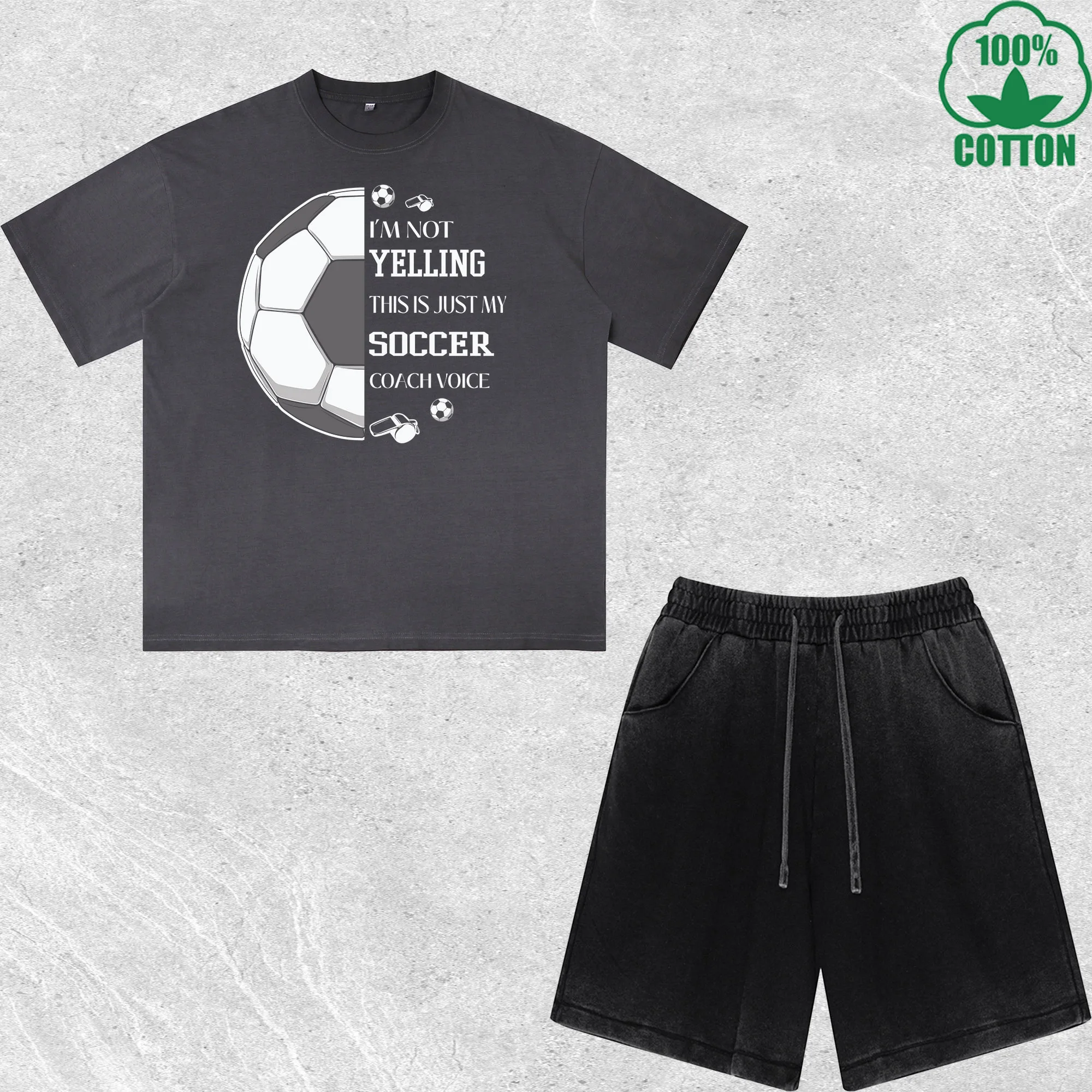YElling Soccer Printed Dirty Wash T-Shirt Shorts Set Combo Loose Trendy Fashionable 100%Cotton Black Suit