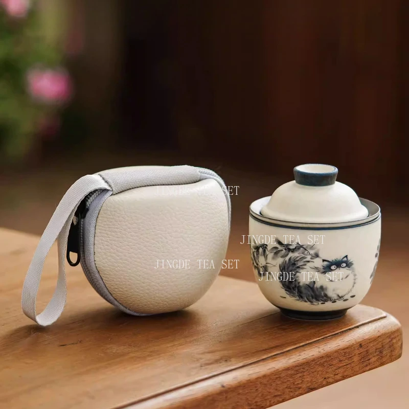 

Портативный керамический чайный набор Cat: 1 чайник, 1 чашка, китайский набор для чайной церемонии Кунг-фу, аксессуары для чаепития, чашка для дегустации чая, посуда для чая