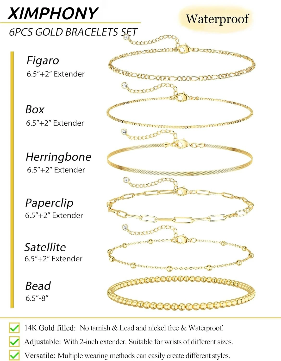 أساور الذهب للنساء مقاوم للماء 14K طقم مجوهرات مطلية بالذهب للنساء العصرية ThinDainty تكويم الكوبية ربط مشبك ورق سلسلة