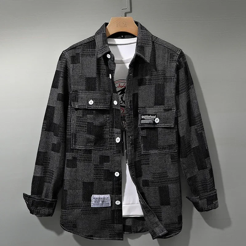Pop Men Casual Large-size Handsome Denim Shirt With Japanese Retro Jacquard Checked Long-sleeved Shirt Jacket For Spring And Aut