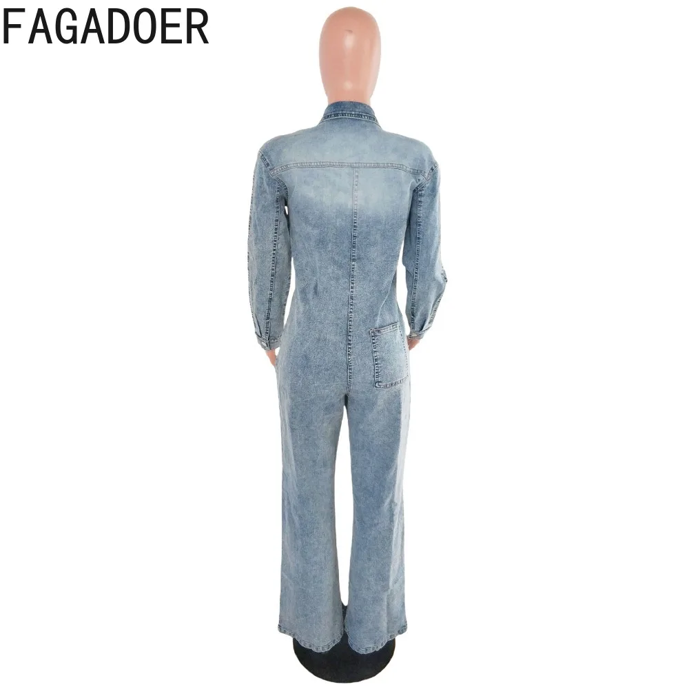 بدلة قفز عصرية من قماش الدنيم الأزرق من FAGADOER للنساء بلون واحد وأكمام طويلة ملابس خروج نسائية جديدة #6