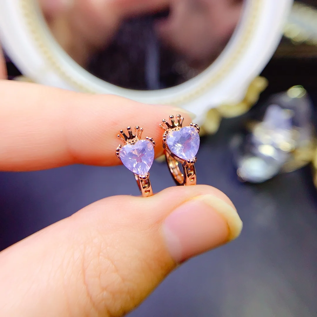 925 Sterling Silver Crown Huggie Earrings With Heart Natural Lavender Amethyst Hoop Earrings Silver Fine Jewelry For Women Gift - view 4