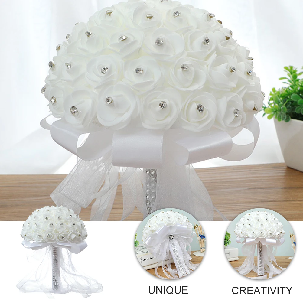 

White Wedding Bouquet Artificial Bridal Lifelike Rose Flower Photography Prop Premium Material PE Flowers Rhinestone