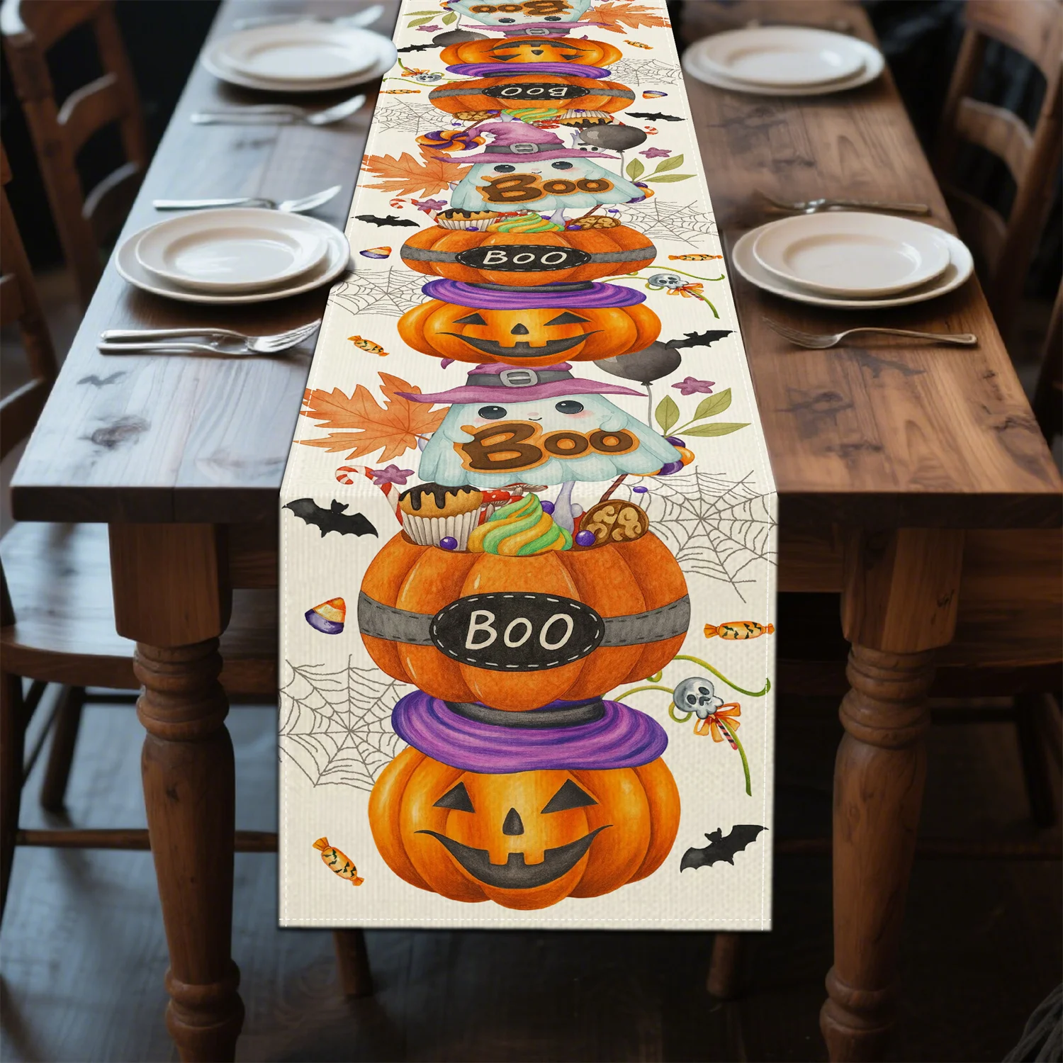 1pc Halloween Table Runner - Spooky Pumpkin, Witch Hat, Candy & Spider Web Design, Polyester, Rectangular, Perfect for Indoor