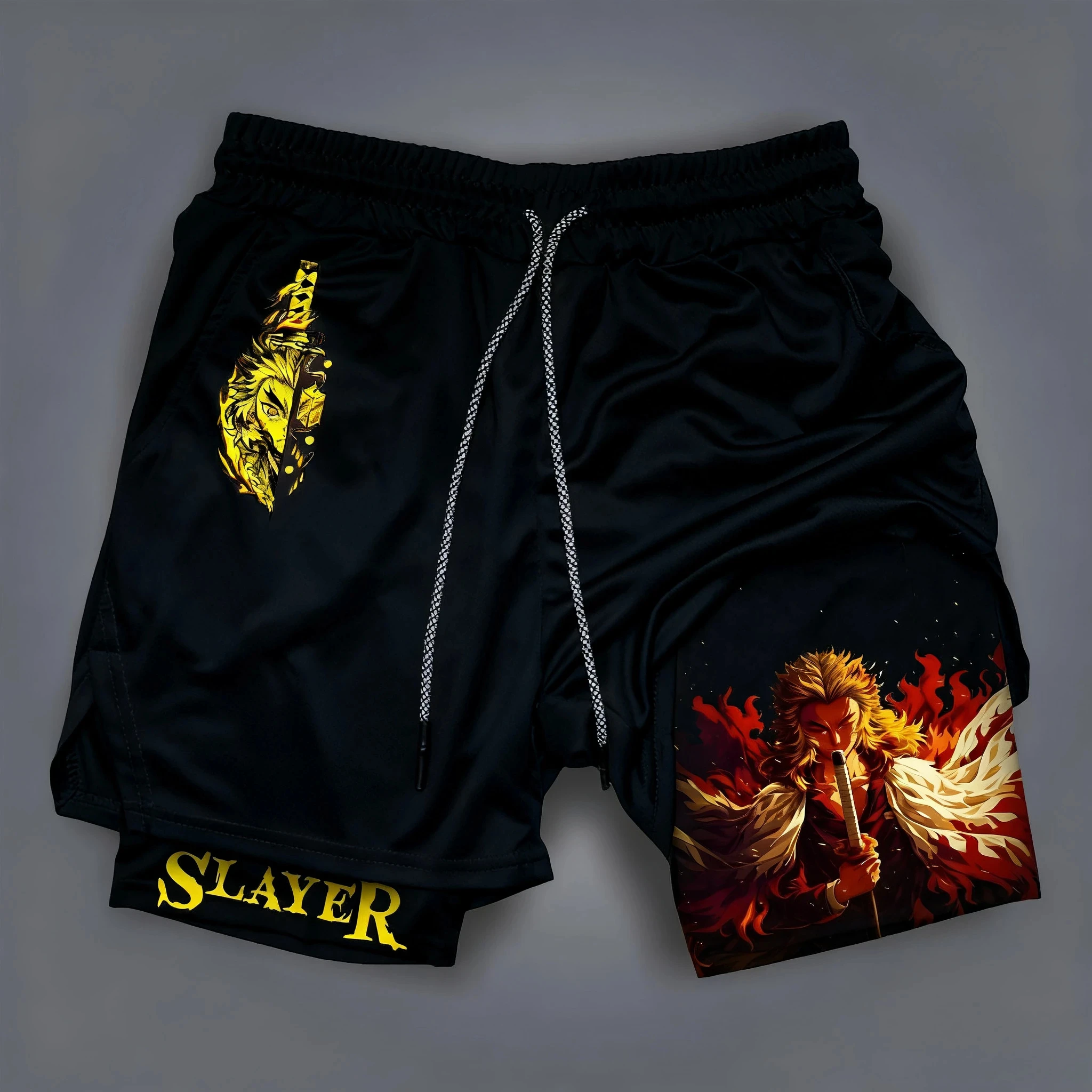 Nova moda verão demon slayer calções de ginásio homem streetwear casual anime impressão shorts dupla camada calças de fitness esportivas y2k