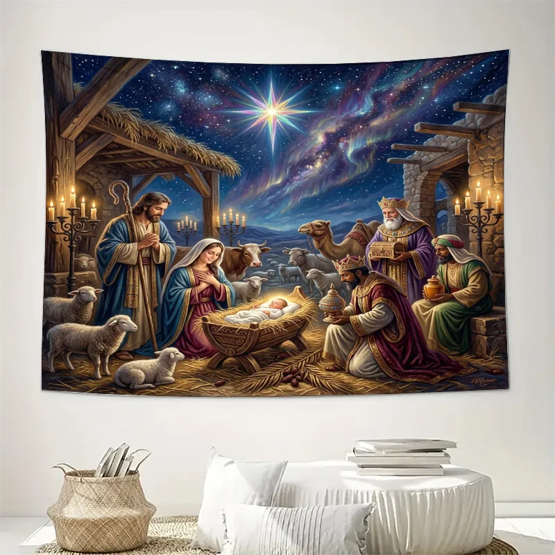 Majestic Nativity Scene Curtains Spiritual Religious Window Decor Bethlehem Stars Starry Night Curtain Panel for Christmas Holid