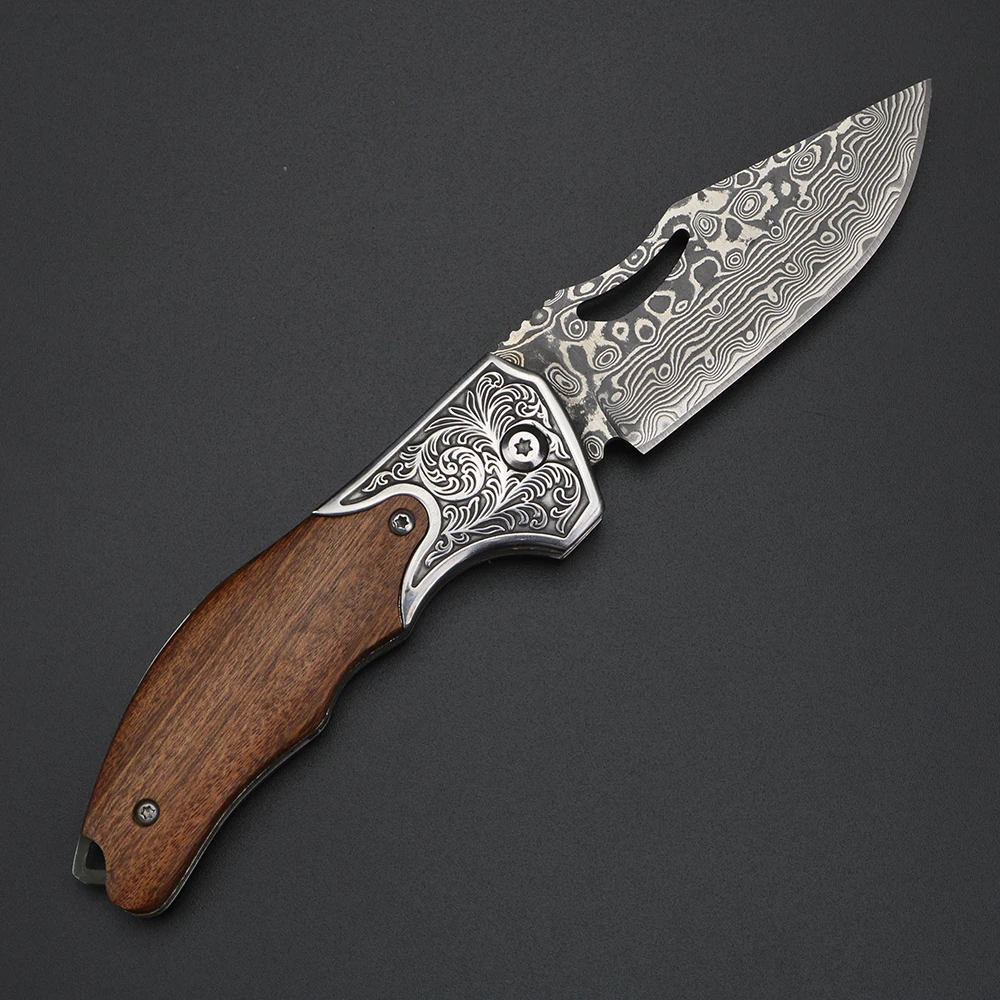 XUANTENG Damascus Laser Pattern Small Knife Hollow Handle Outdoor Knife Camping Hunting Knife Survival Knife