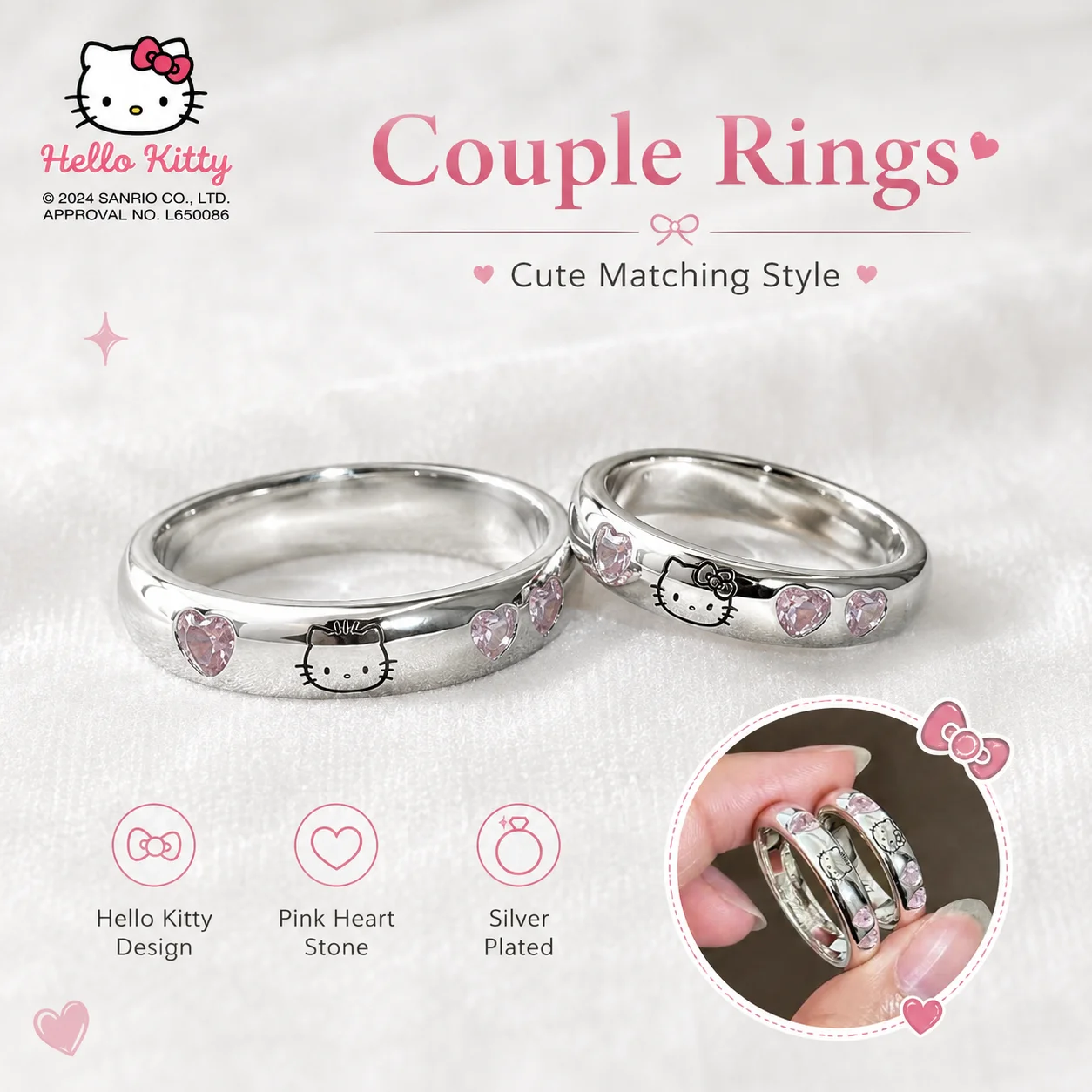 Sanrio HelloKitty Gravierter Rosa Herz-Kristall Niedliche Paarringe Täglicher Gebrauch Fingerringe Silber Paarband-Ring Jubiläumsgeschenk