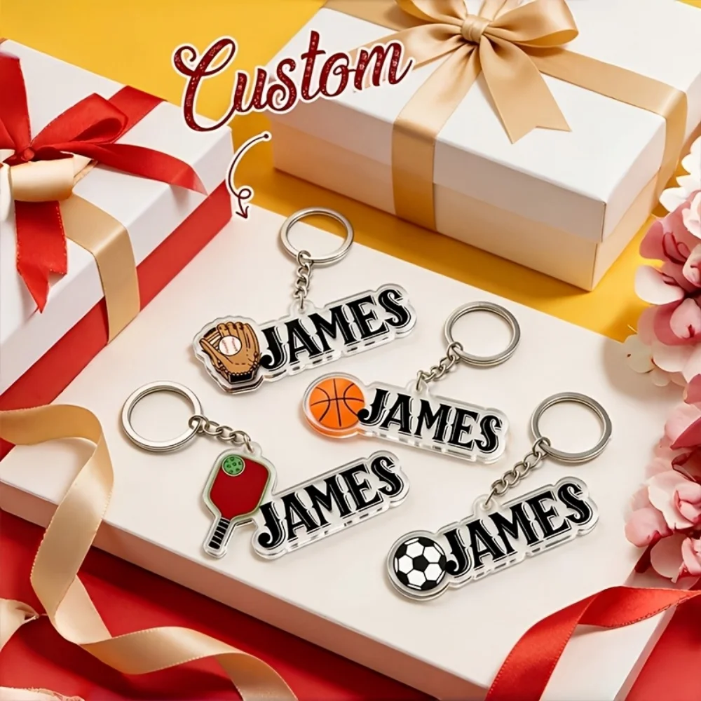 1 porte-clés photo couleur personnalisé 2D plat - Porte-clés avec étiquette personnalisée |   Pickleball, baseball, basketball, football, cadeau d'anniversaire