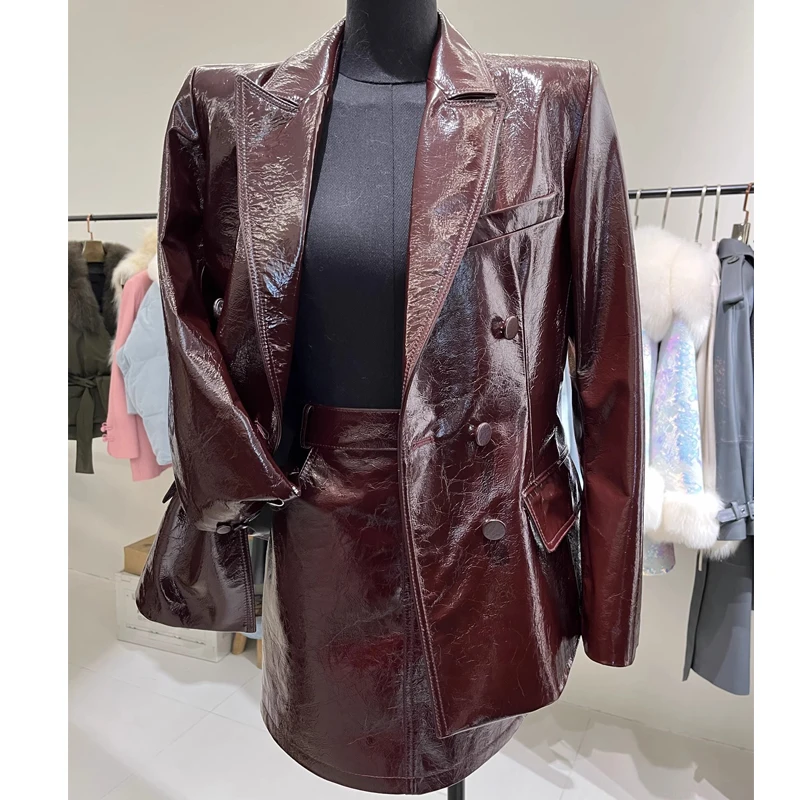 Chic Wine Red Women's Genuine Leather Blazer Jackets Oil Wax Leather Double-breasted Lady Import A-level Sheepskin Suit Coats