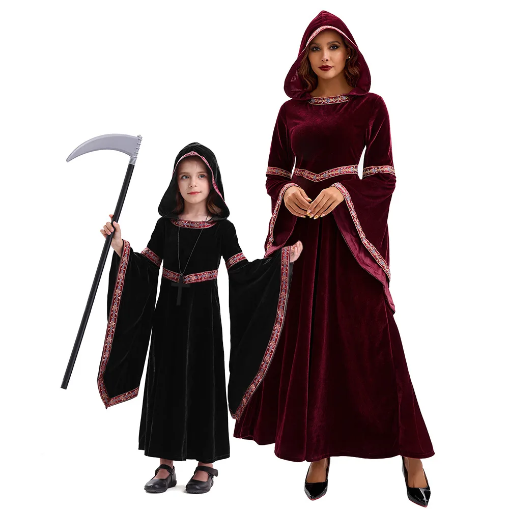 

Adult loween Performance Costume Wine Red European Medieval Parent-Child Outfit Par Performance Clothing Traditional Chi...