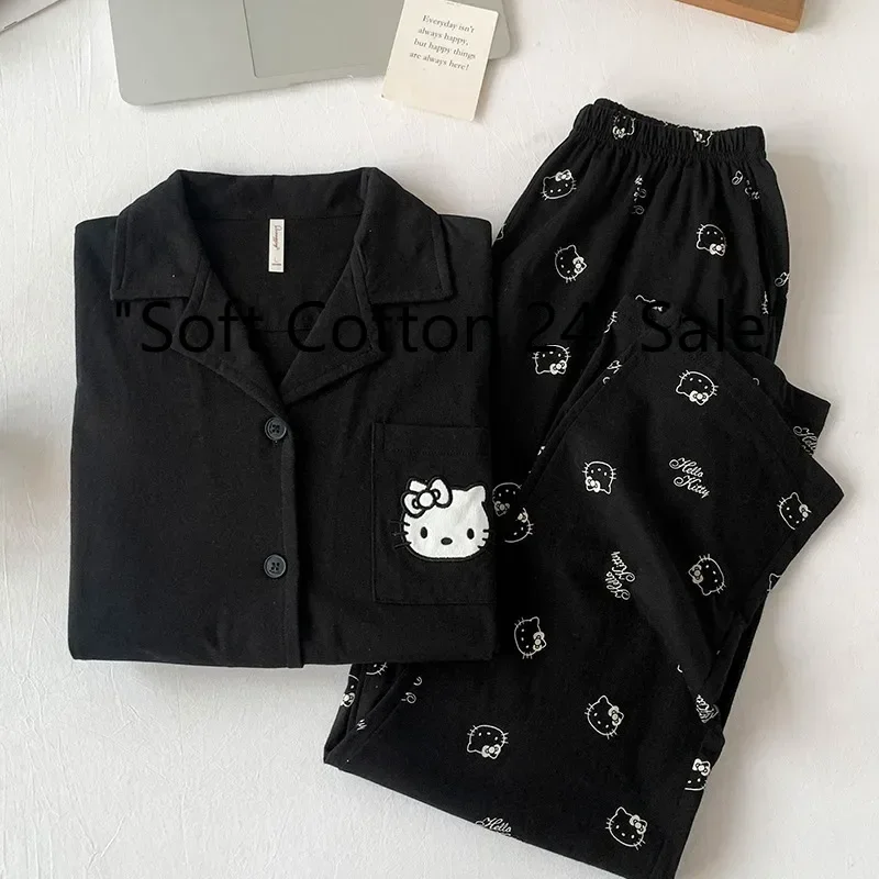 

Новая летняя домашняя одежда Hello Kitty, комплект из двух предметов, черные брюки с длинными рукавами, хлопковая свободная и удобная пижама Hello Kitty