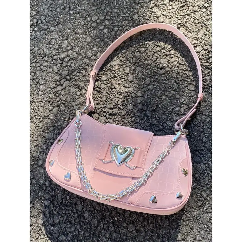 2023 New Fashion Shoulder Bags for Women Y2K Spice Girls Underarm Bag Pink Heart Chain Crossbody Bag Luxury Designer Handbag