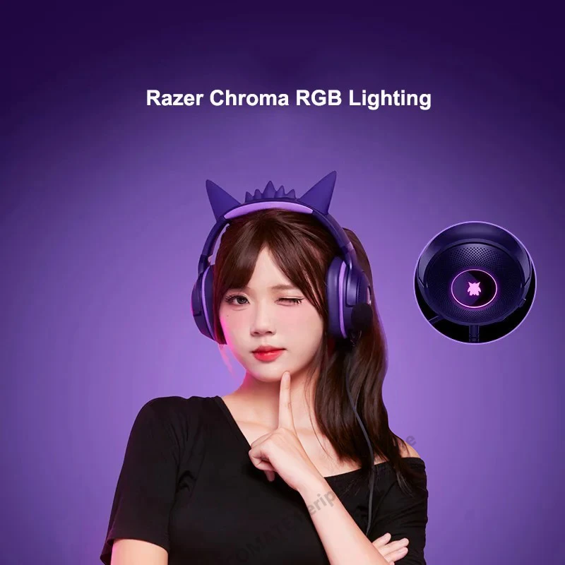 سماعة رأس سلكية للألعاب من Razer Pokemon Gengar Edition RGB Kraken V3 X - برامج تشغيل TriForce 40 مم - ميكروفون قلبي فائق الوضوح