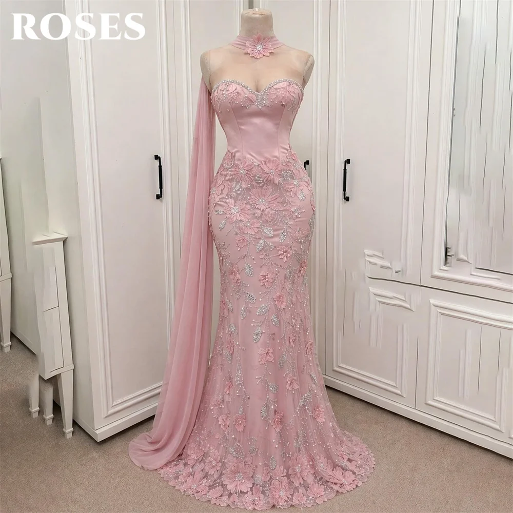 ROSES Blush Pink Evening Dress Sweetheart Party Dress with Flowers and Crystal Trim vestidos de fiesta Prom Gowns Customized