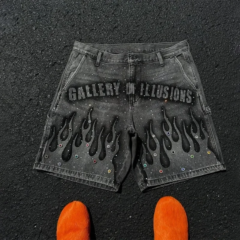 고스 빈티지 프린트 실크 데님 반바지 남성 의류 스트릿 하라주쿠 힙합 하이웨이스트 청바지 남성 캐주얼 루즈 팬츠