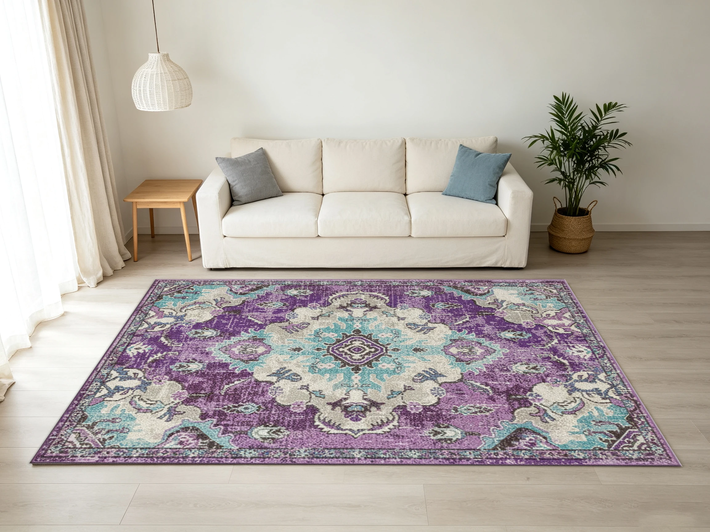 Vintage Purple Turquoise Medallion Square Carpet Flooring Distressed Oriental Pattern Rug for Home Living Space