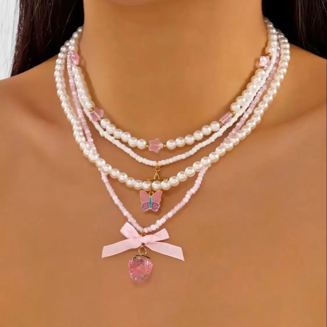 Romantic Sweet Pink Bow Love Heart Pendant Necklace Set for Women Simple Handmade Multi-Layer Beaded Necklace Party Jewelry