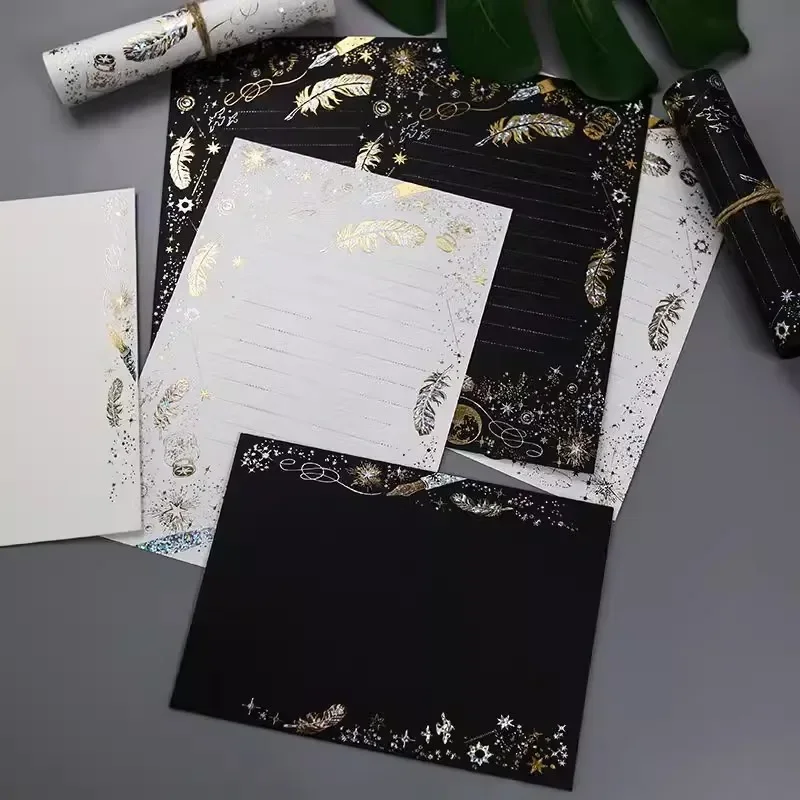 Black White Feather Paper Envelopes Bronzing Letter Pads Wedding Party Invitation Card Cover Gift Packaging Korean Stationery