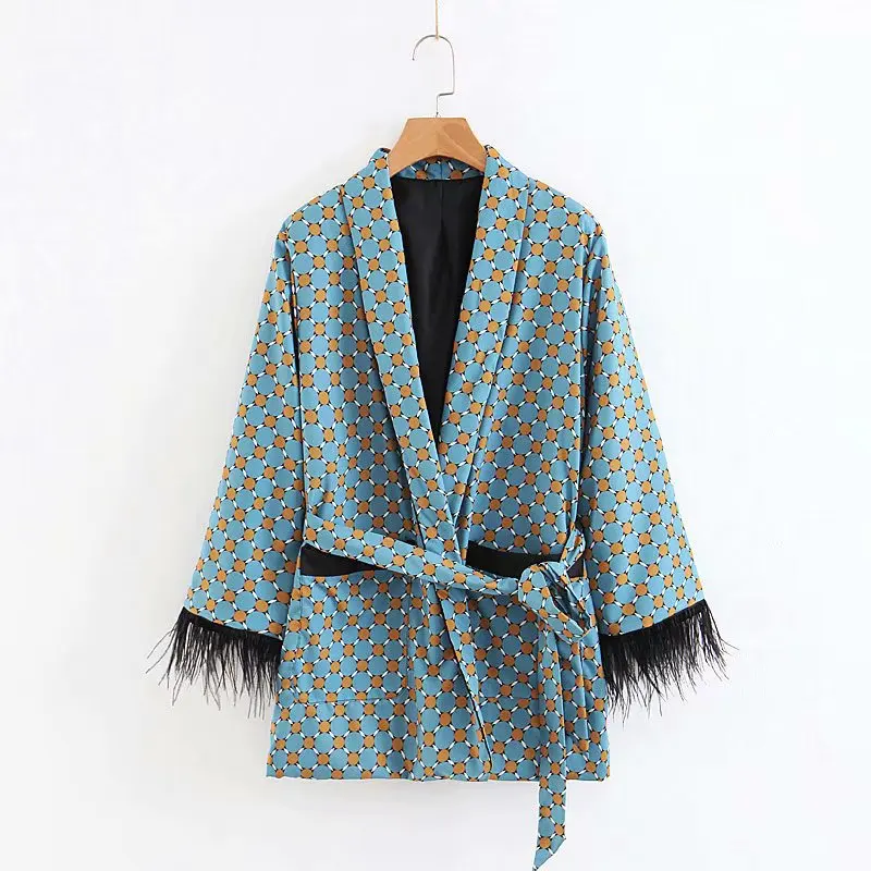 Women Set Spring Fashion Blue Printed Kimono Jacket With Feather Sleeves Wide Leg Pants Two Piece Vintage Elegant Ladies Suits