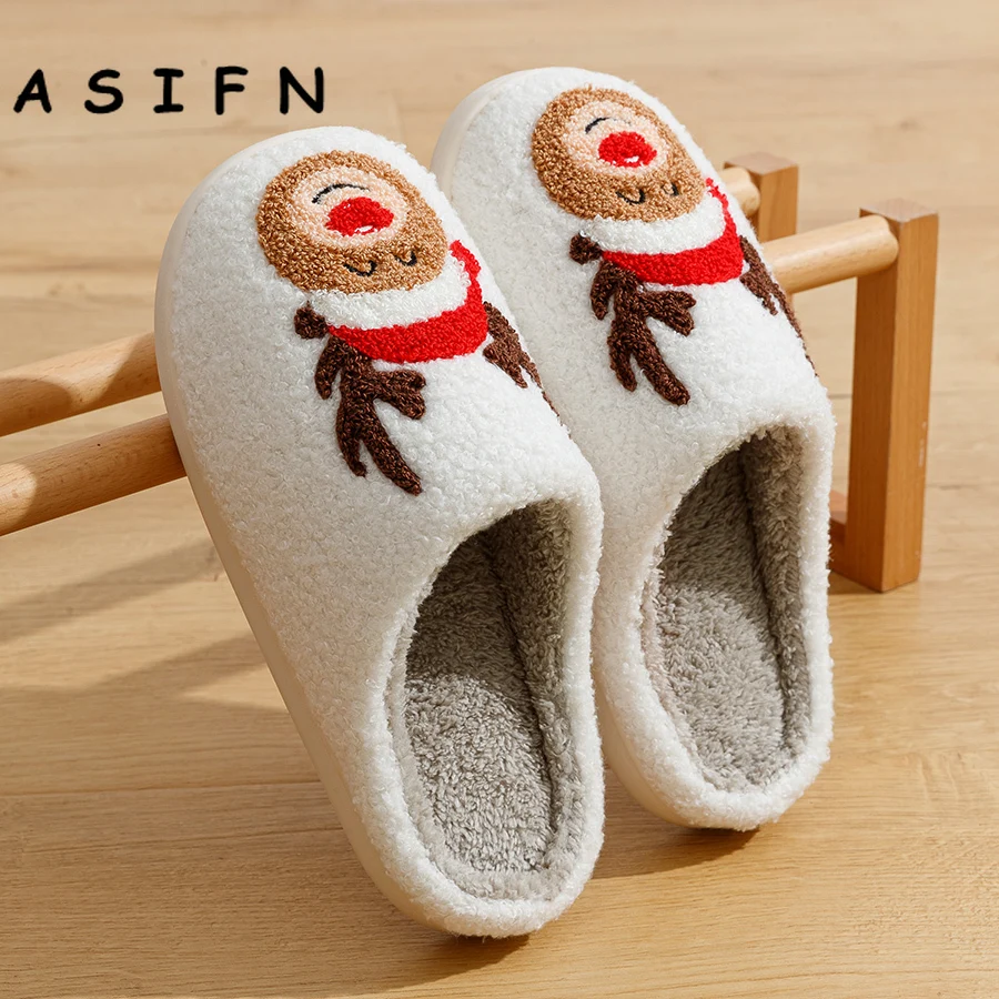 Winter Christmas Reindeer Slippers Fur Cute Elk Women Exquisite Comfy Home Flat Slip-on Merry Christmas Party Bedroom Shoes