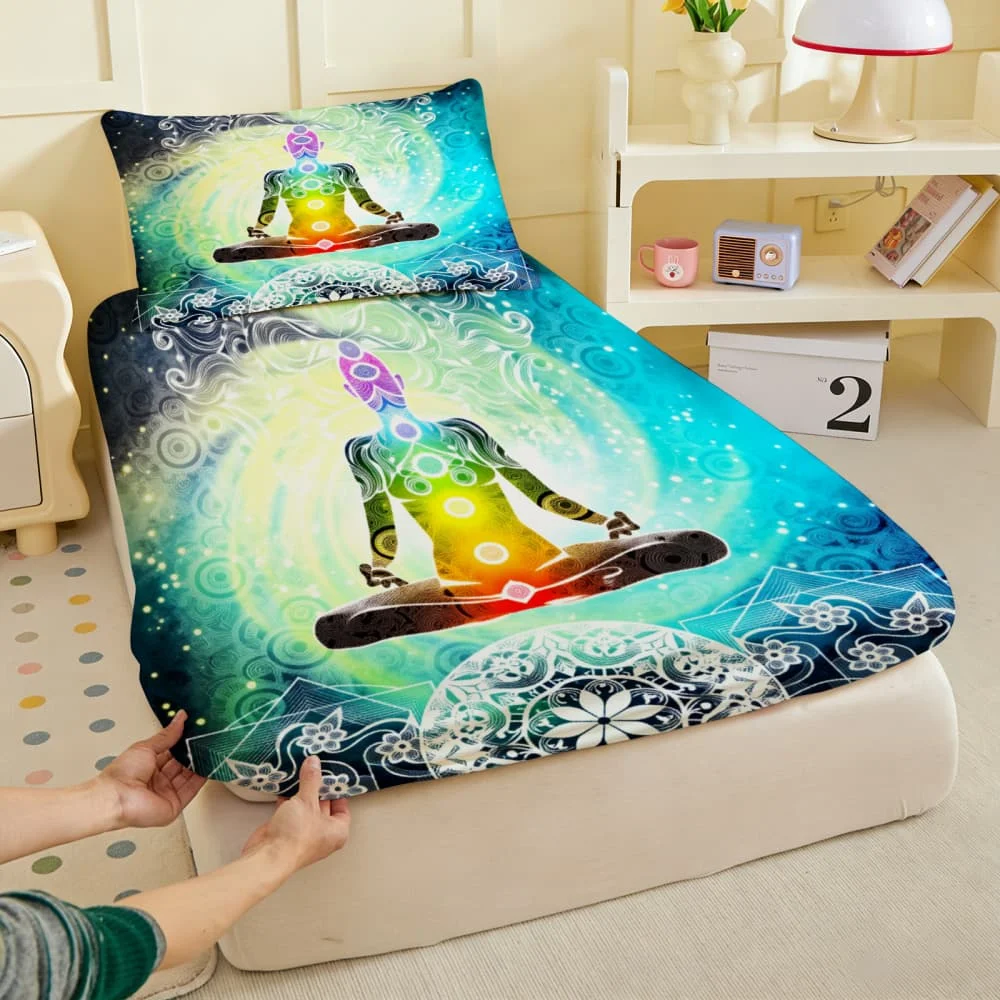1pc Chakra Meditation FigureMandala Print Fitted Sheet Deep Pocket Elastic Mattress Cover Single Double Queen King Bedroom Decor