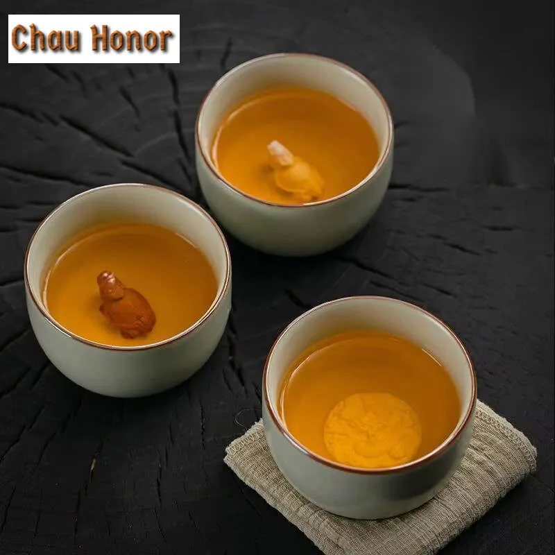 

180ml Beige Ru Kiln Tea Cup Ceramic Inlaid Porcelain Flower Mascot Single Cup Master Cup Personal Tea Cup Gift Tea Cup Gift Box