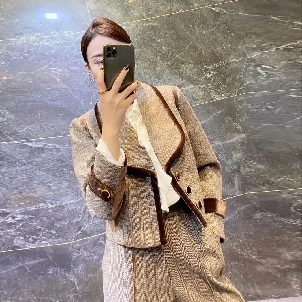 Women’s Winter British Style Contrast Edge Herringbone Blazer Coats Wide-leg Pant Set Retro Lapel Woolen Suit Pant Two-piece Set