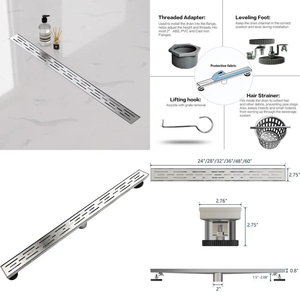 

36 Rectangular Shower Drain with Brick-Pattern Grate in Brushed Stainless Steel, Hair Strainer Included, Leveling Feet, CUPC Cer