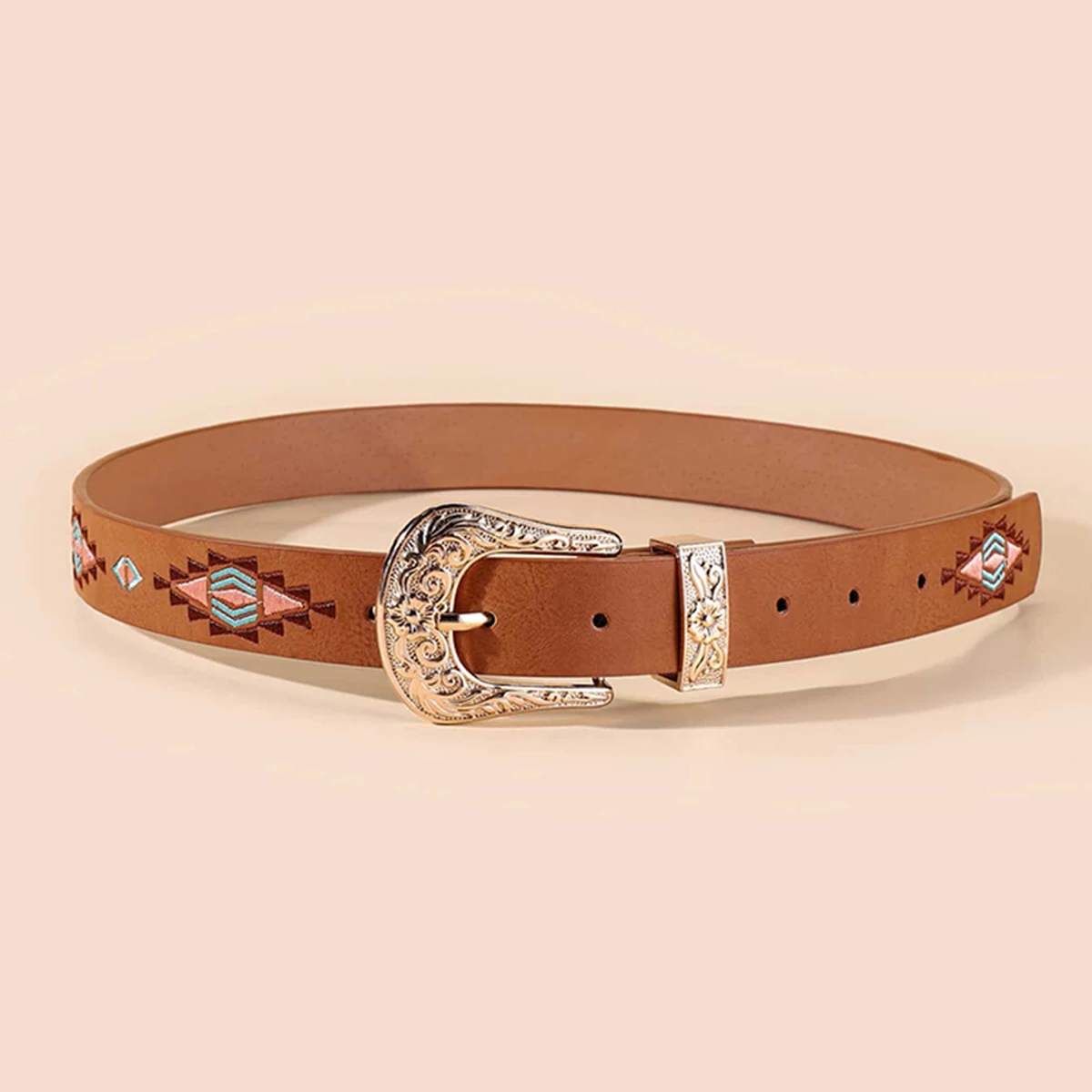 Women’s western buckle embroidered strap jeans belt