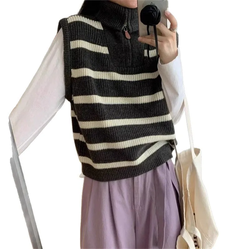 Striped Half-zipper Pullover Sleeveless Sweater Women's Autumn New Knitted Vest Vest Top