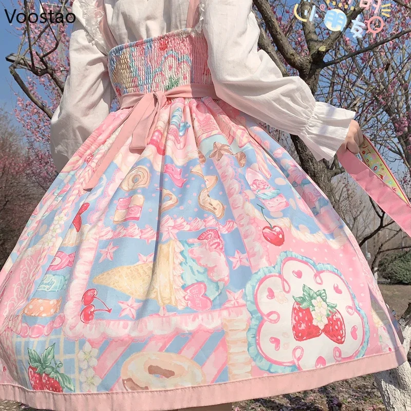 Giapponese Kawaii Lolita Jsk Dress donna dolce Cartoon Print senza maniche Party bretella abiti ragazze carino Y2k Bow Princess Dress