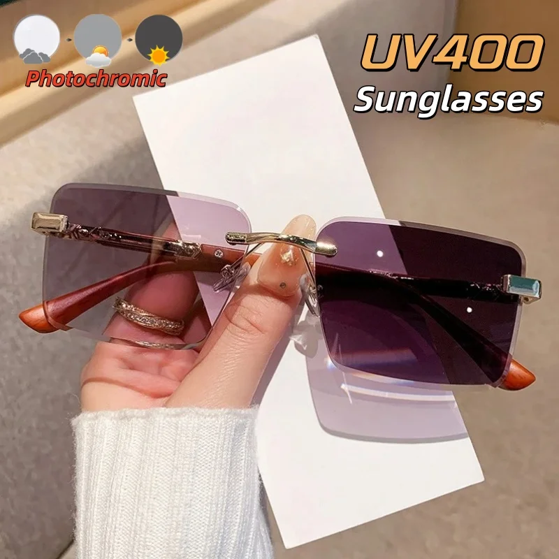 

Trendy Outdoor Photochromic Frameless Sunglasses Stylish Square Frames Mountain Climbing Camping Beach UV Resistant Glasses