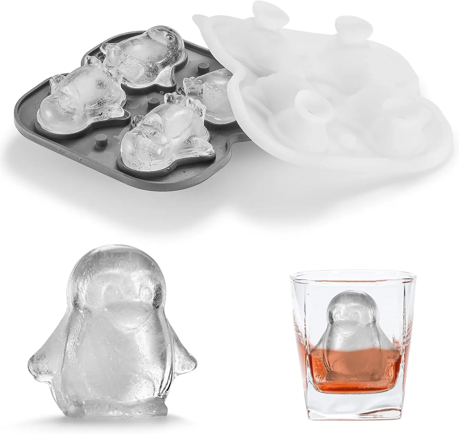 

3D Penguin Ice Cube Tray - 2.2" Large Silicone Whiskey Ice Mold with Funnel for Cocktails, Bourbon, Brandy - Fun Gift for Men
